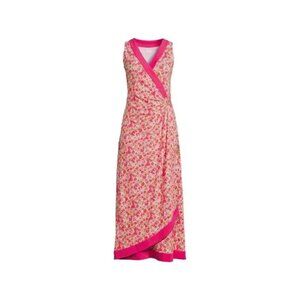 Lands End Surplice V Neck Sleeveless Floral Maxi Wrap Dress Pink Womens M